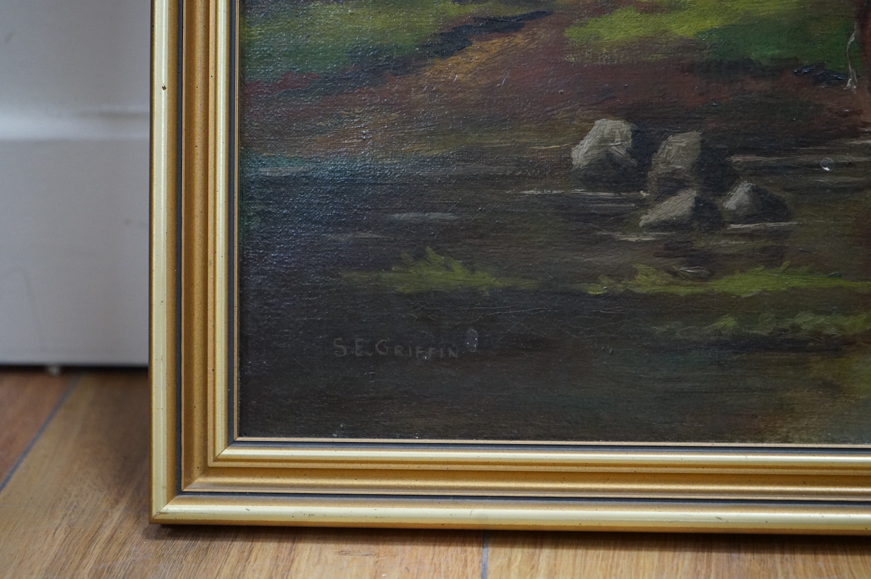 S. E. Griffin oil on canvas, Cattle watering before ruins, signed, 50 x 75cm. Condition - good